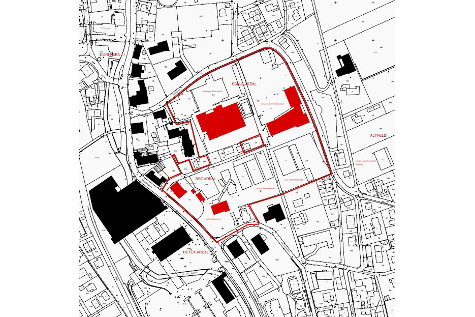 Lageplan mit rot eingezeichneten geplanten Gebäuden